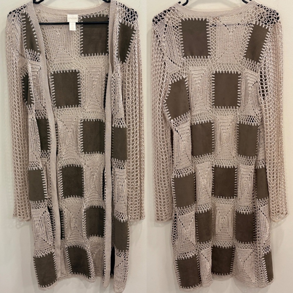 Chicos‎ Crochet Patchwork Cardigan Longline Faux Suede Olive Beige Boho Size 4